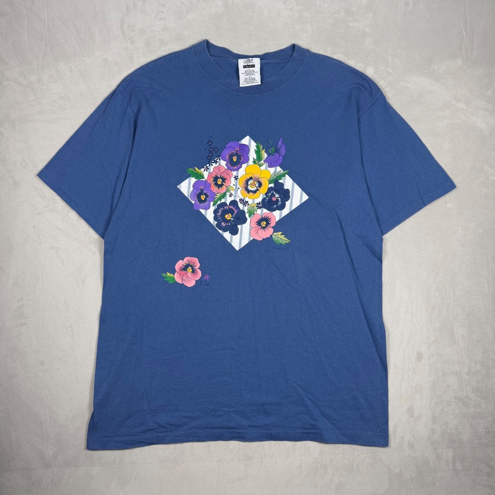 90s Mens Gopher Sport Floral Pansy Graphic Single Stitch T-Shirt Large